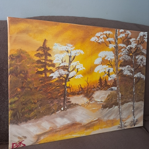 Bob Ross Inspired Golden Autumn Woodlands Sunset Oil Hand Painted Winter - Picture 4 of 5